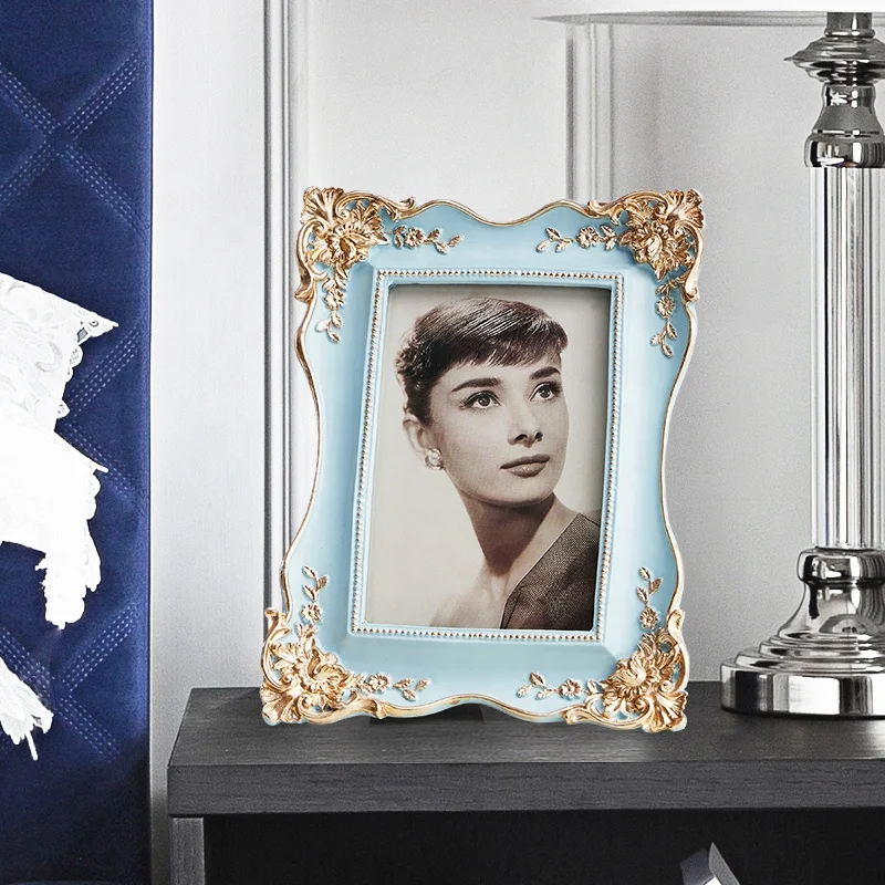 Европейский стиль художественное ремесло инновационный стол дисплей Резьба Цветок синий золотой каучуковая фоторамка
