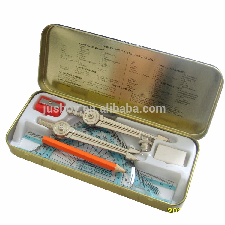 customize wholesale stationery for student metal tin box mathematical set