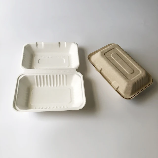 High quality 9*6 1000ml bagasse clamshells food container microwable disposable takeout lunch box