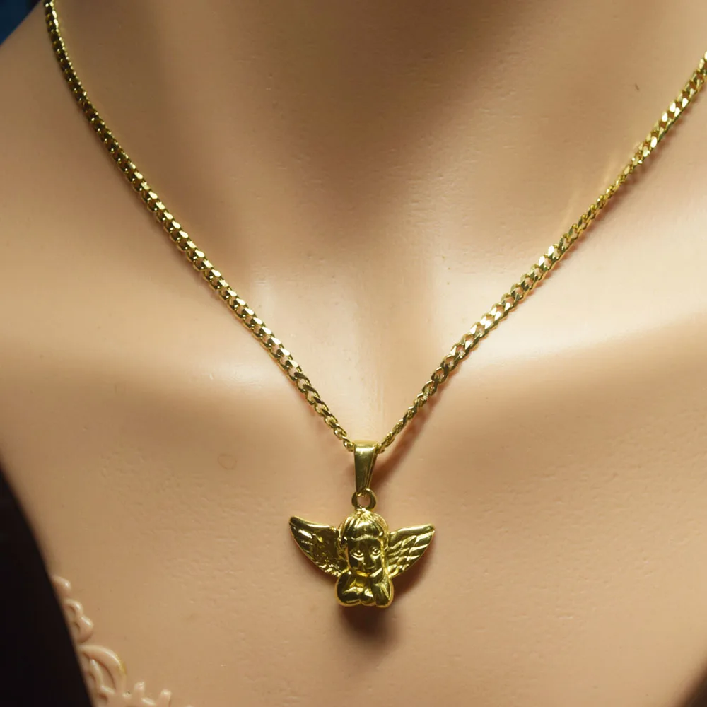 Fashion Hip Hop Men Necklace Stainless Steel 3mm Cuban Link Chain Copper with Gold Plated baby Angel with wingPendant Necklace