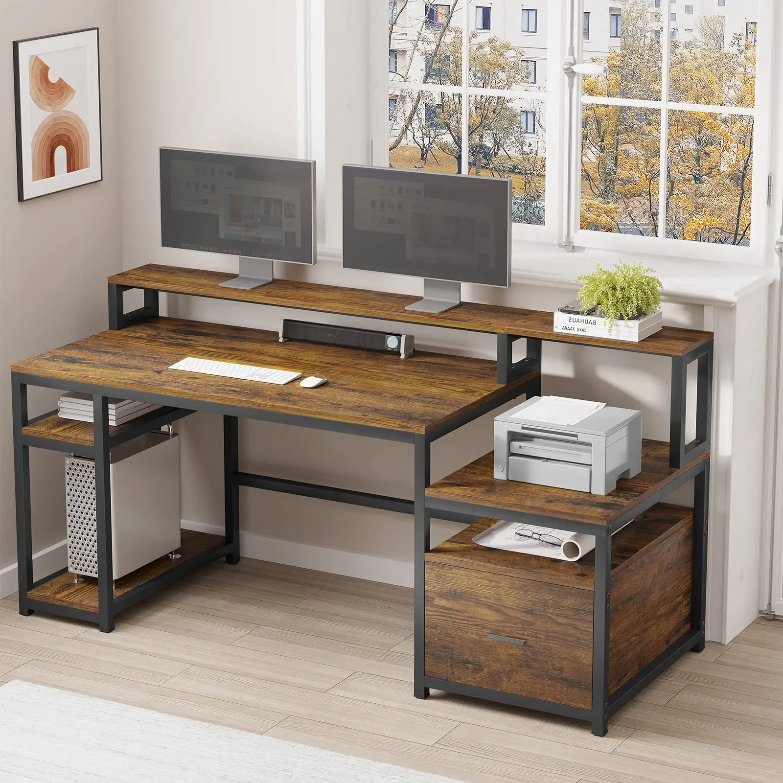 Modern Office Furniture Large Computer Desk with Hutch Printer Cabinet and Monitor Shelf  Studying Table Desk for PC