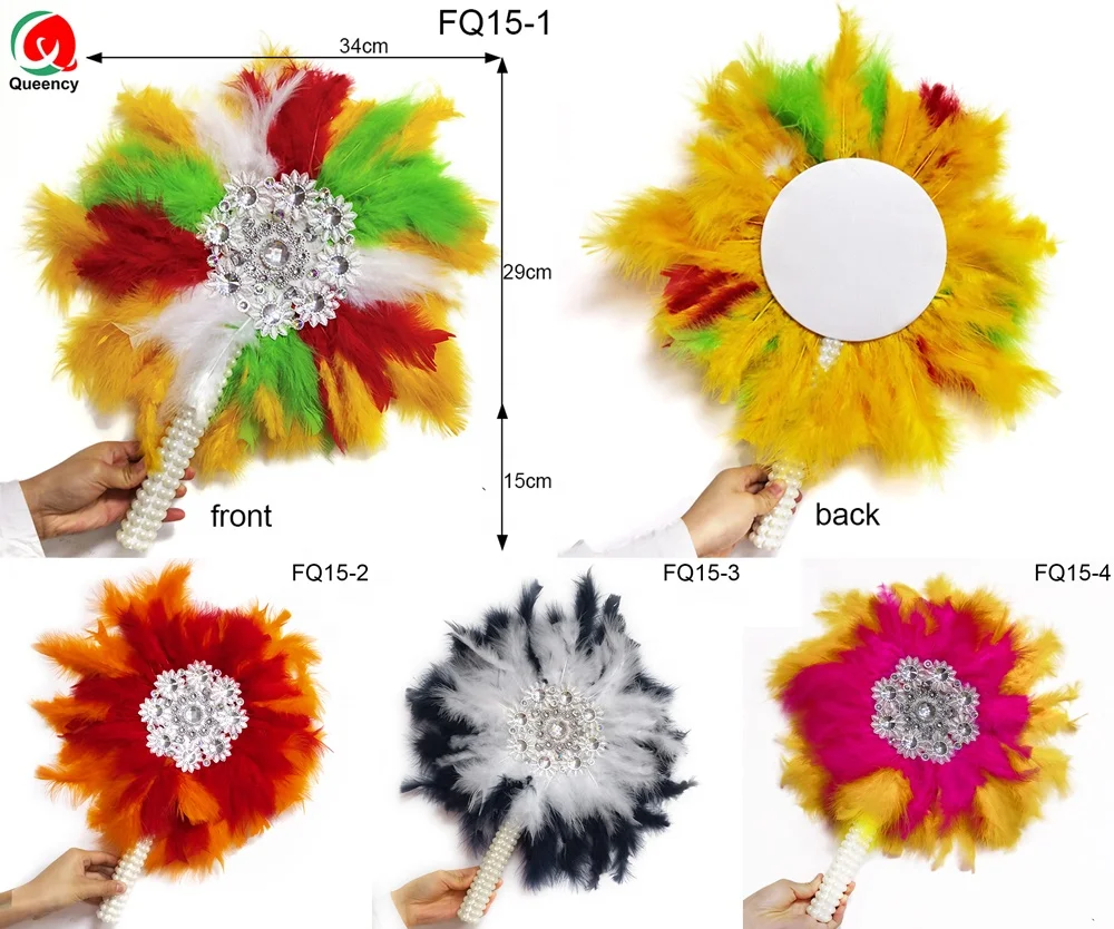 Queency African beautiful cheap ostrich feathers make in China hand fan  African feather fans with beaded