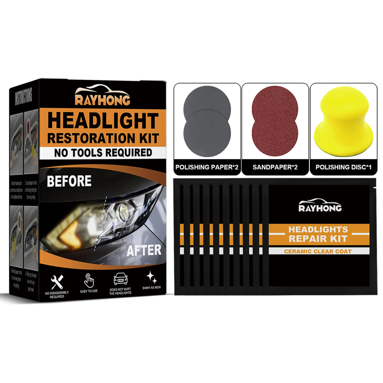 Rayhong car headlight restoration kit yellow blurry oxidated headlight repair kit scratches repairing set for car headlight