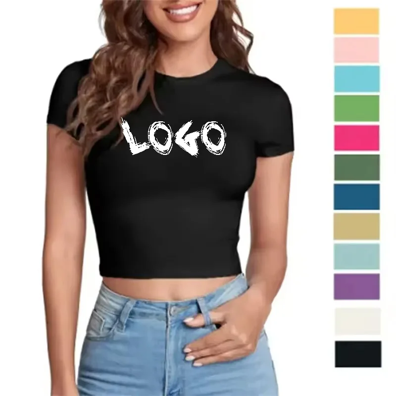 OEM Custom Print Logo Organic Bamboo Cotton Women Tshirt Slim Fit Crop Top T Shirt