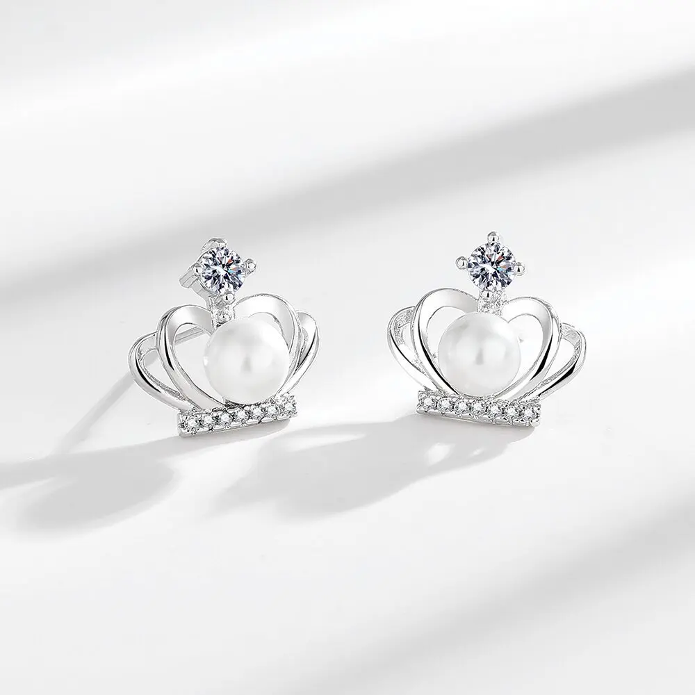 Superior pearl crown micro-inset zircon earrings women all match simple exquisite earrings