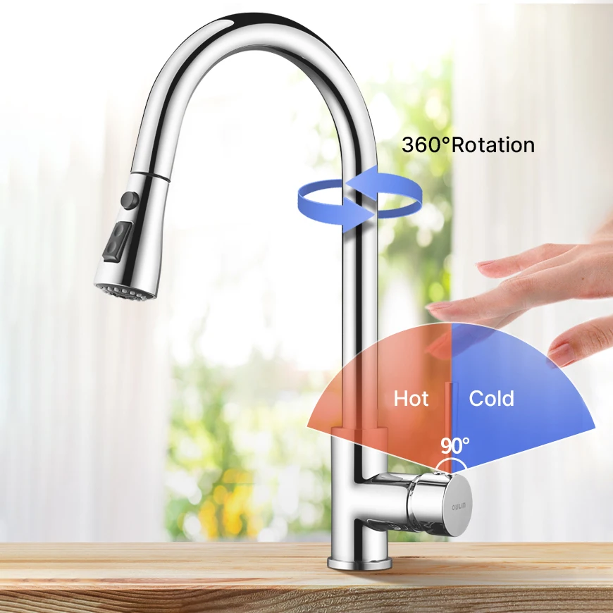 Amazon Hot Selling Multi-functional Deck-mounted Tap Stainless Steel Rotatable pull out Kitchen Faucet