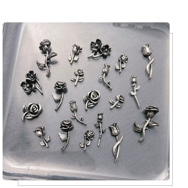 10pcs/bag Silver 3D Rose Flowers DIY Nail Art Charms for Nail Supplies
