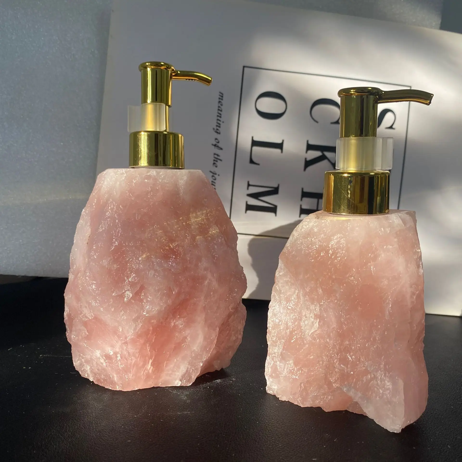 Luxury Crystal Mineral Soap Dispenser with Glossy Gold Color Pump - Natural Stone Ore Soap Dispenser