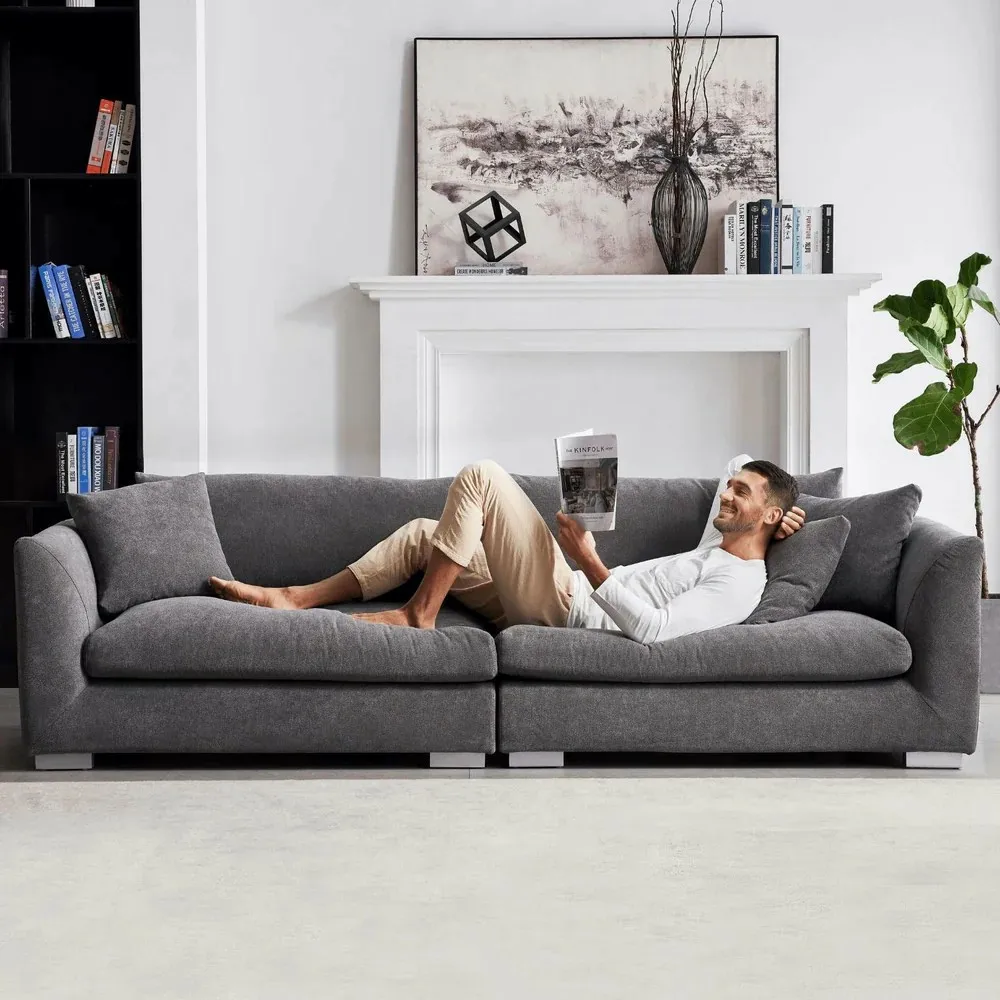 Comfortable Modern White Velvet Linen Fabric Feather Modular Sectional Sofa Set for Living Room