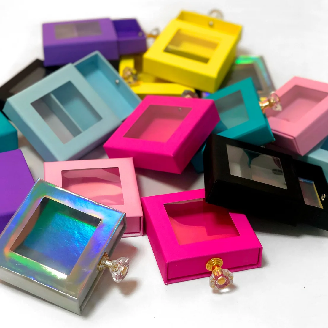 2022 Hot Sale 3D/5D/6D Mink Eyelash Box Custom Logo Your Own Eyelash Box holographic paper slide drawer Eyelash Box