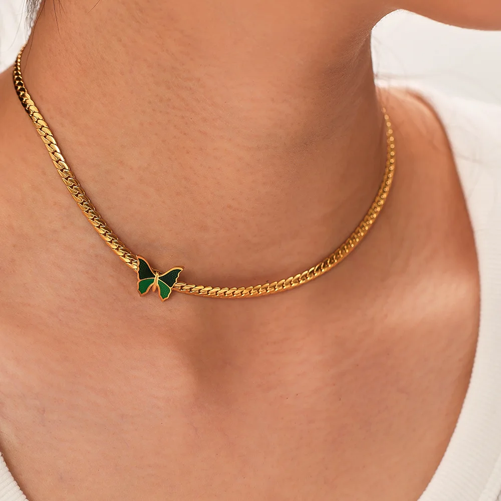 Hongtong B2-129 Retro Style Green Butterfly Neck Chain Stainless Steel Plated 18k Gold Necklace Collarbone Chain For Women