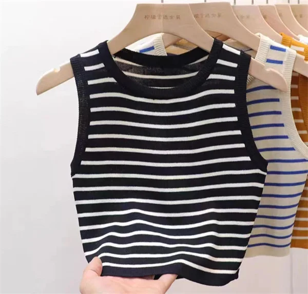 2024 Europe Fashion Summer Vest Women O-neck Sleeveless Stripped Vest Solid Color Slim Knitted Daily Casual Lady All-Match Vest