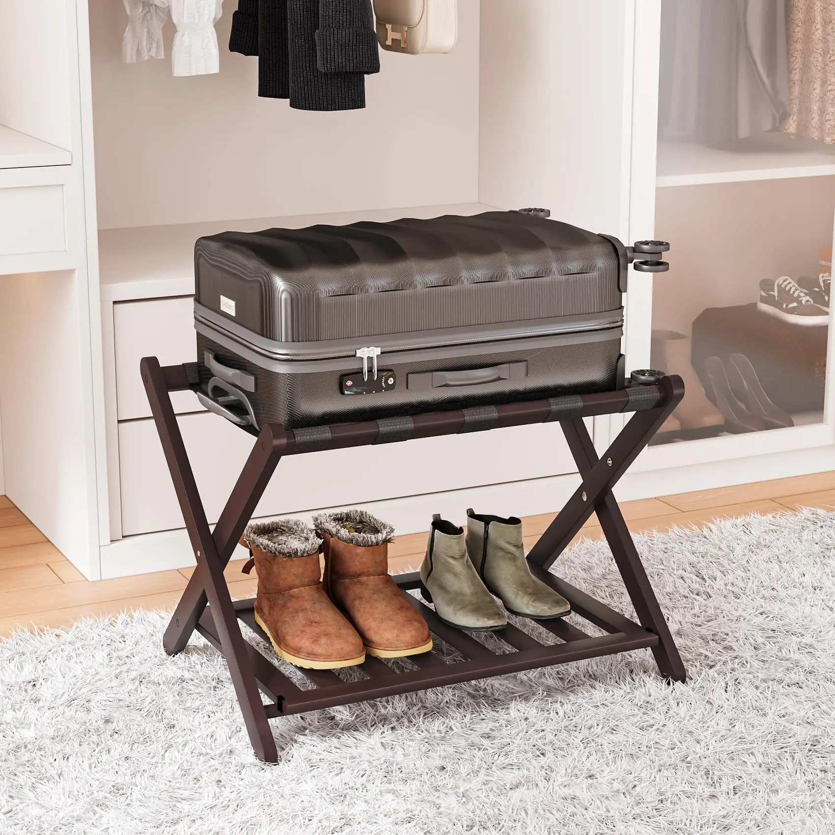 Bamboo 2-Tier Foldable Luggage Rack Brown Fully Assembled Luggage Shelf Heavy Duty Durable Wood Luggage Rack Stand