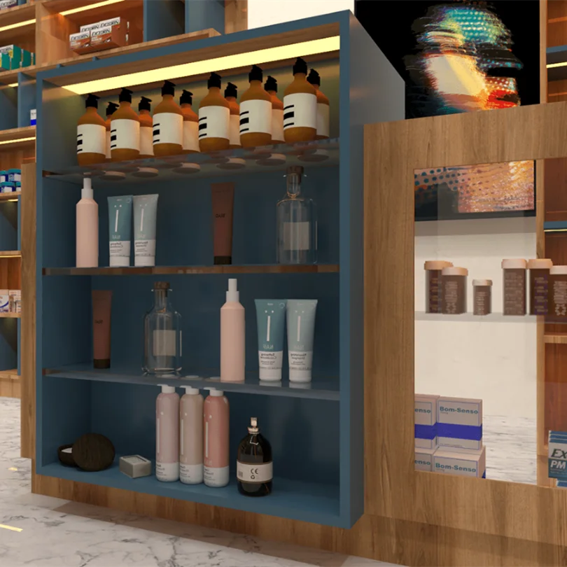 Medical Store Pharmacy Shop Retro Custom Design Wooden Standing Pharmacy Display Shelves Showcase