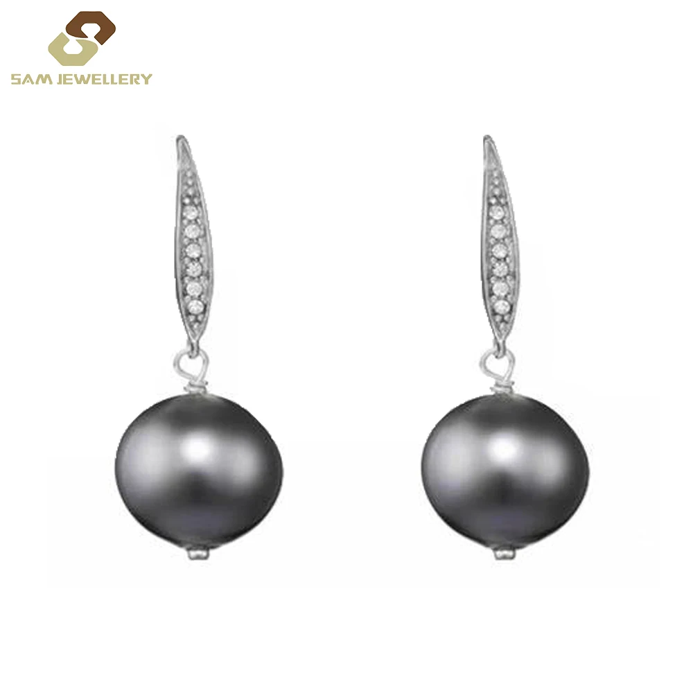 Best Anniversary Gift Pearl Jewelry For Elegant Women Leaf Shape With Dangle Black Shell Pearl Silver Earrings