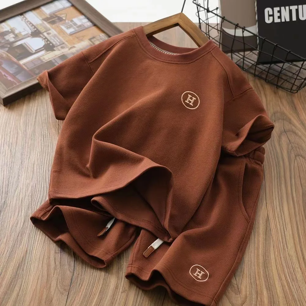 Conyson Baby Girl Waffle Clothes Set Solid O Neck T-shirt and Shorts Suit Children Boy Fashion Top Bottom 2pcs Outfits Tracksuit