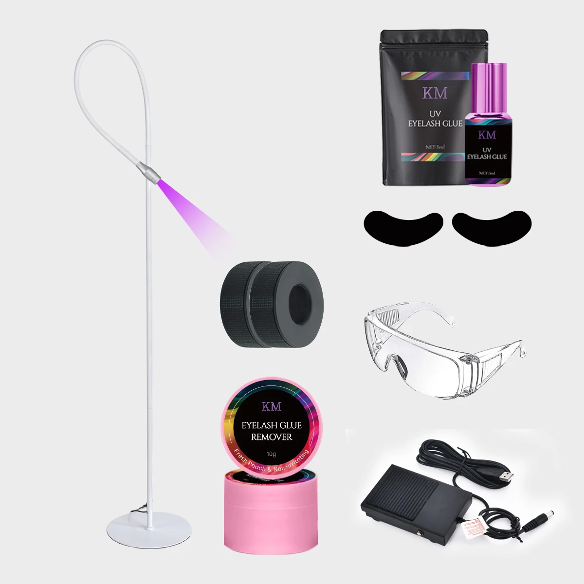 Clip UV lamp floor stand LED white light with foot pedal kit 1s dry UV LED lash extension glue lamp set