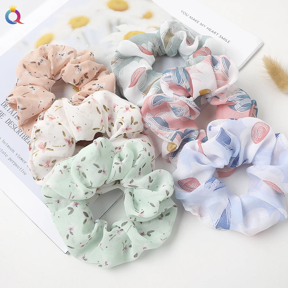 QIYUE Custom 2020 New Hot Sale Cheap Designer Floral Leopard Soft Chiffon Hair Scrunchy ChouChou