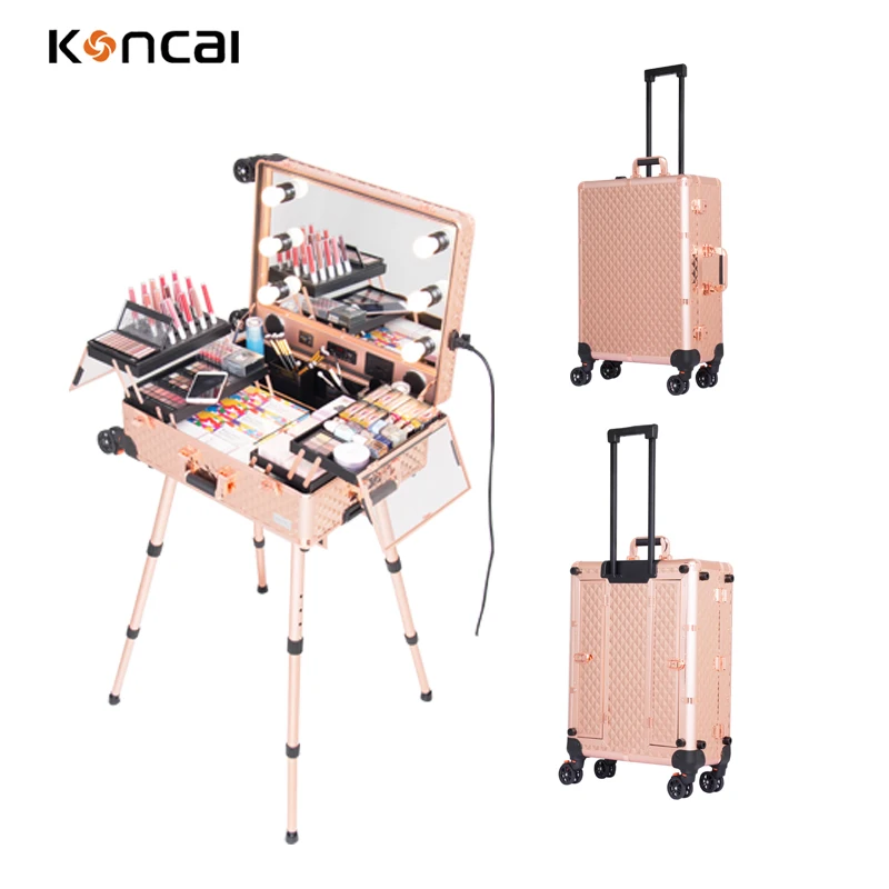 FAMA certificated factory Professional Aluminum makeup case trolley makeup train case with stands KC-269 rose gold
