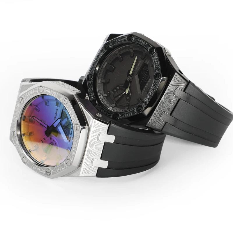 GA2100 Mod Kit Embossed Metal Case Rubber Strap for GA-2100 GA2110 GA-B2100 Watch Parts Replacement
