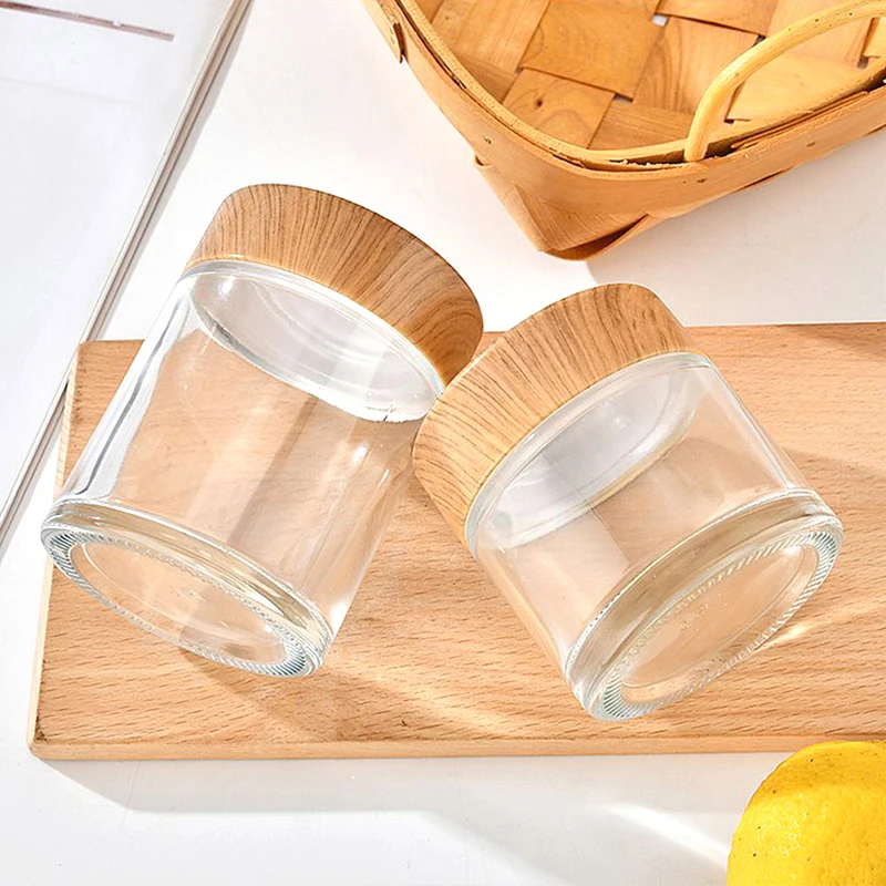 In Bulk Customized Round Glass Jar 180ml 250ml 500ml 750ml Container for Honey Jam Baby Food Storage with Wooden Metal Lid