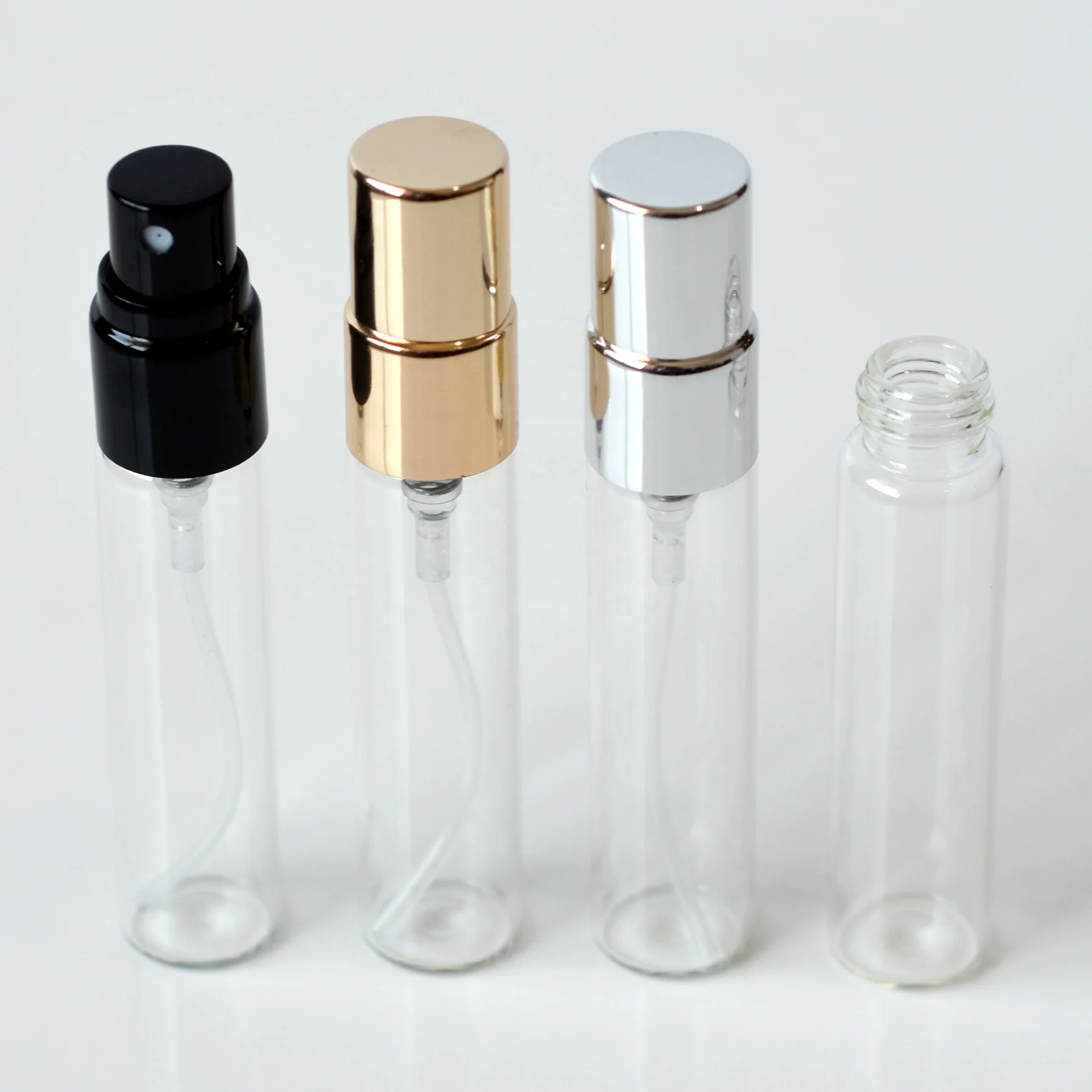 HeLun High Quality Empty 5ml Mini Small Sample Black Gold Silver Aluminum Sprayer lid Decant Glass Spray Perfume Bottle