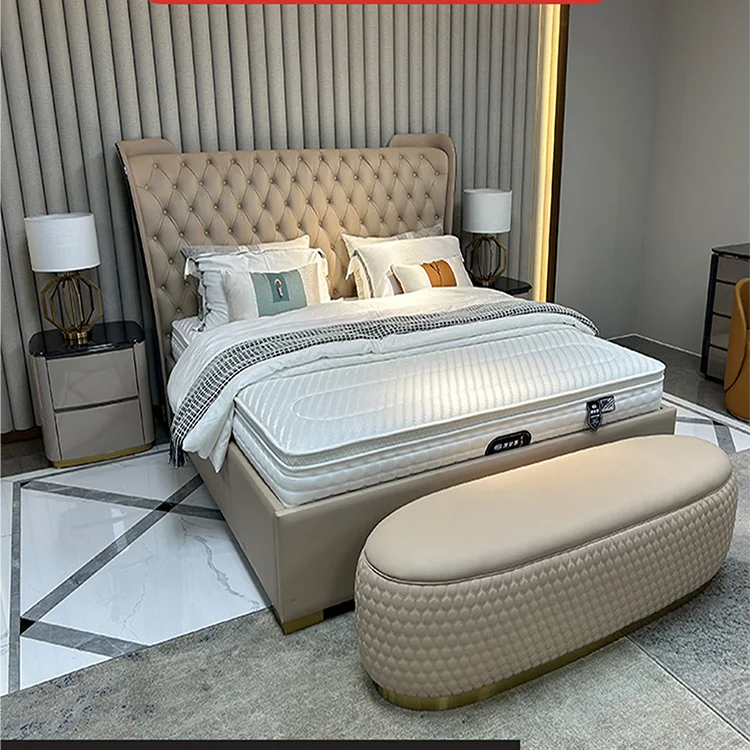 Modern leather 1.8 meters wholesale king size Luxury modern chesterfield bed new bedroom Solid Wood bed furniture