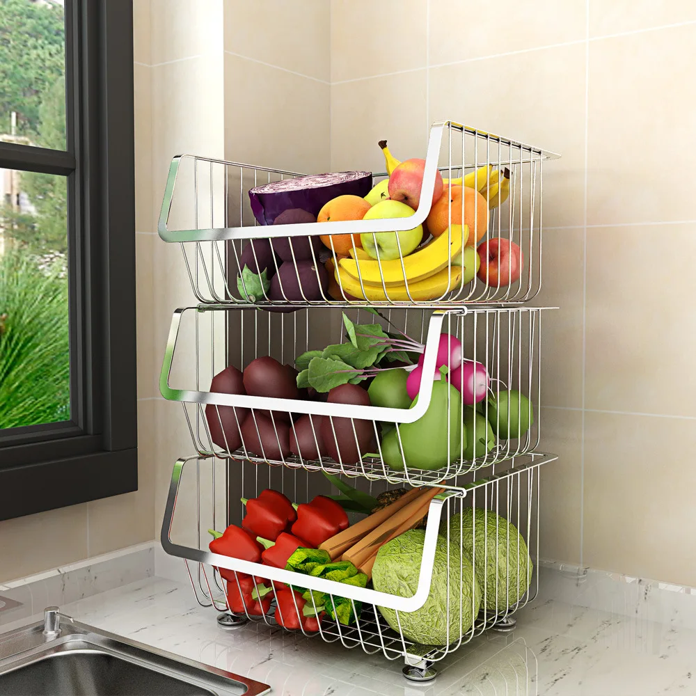 Kitchen cheap modern black 3 tier wall mounted metal fruit basket floor stand storage basket