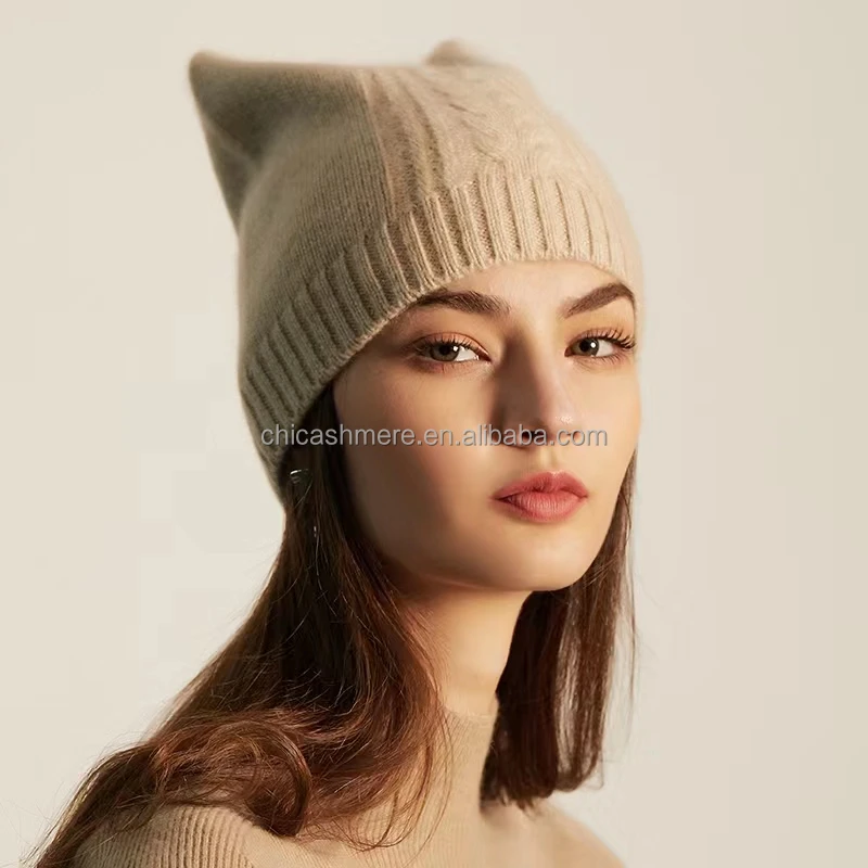 Прямая кашемировая фабрика, Женская Вязаная Шапка-бини с кошачьими ушками 3D для маленьких девочек из чистого кашемира, Шапка-бини из шерсти мериноса в рубчик