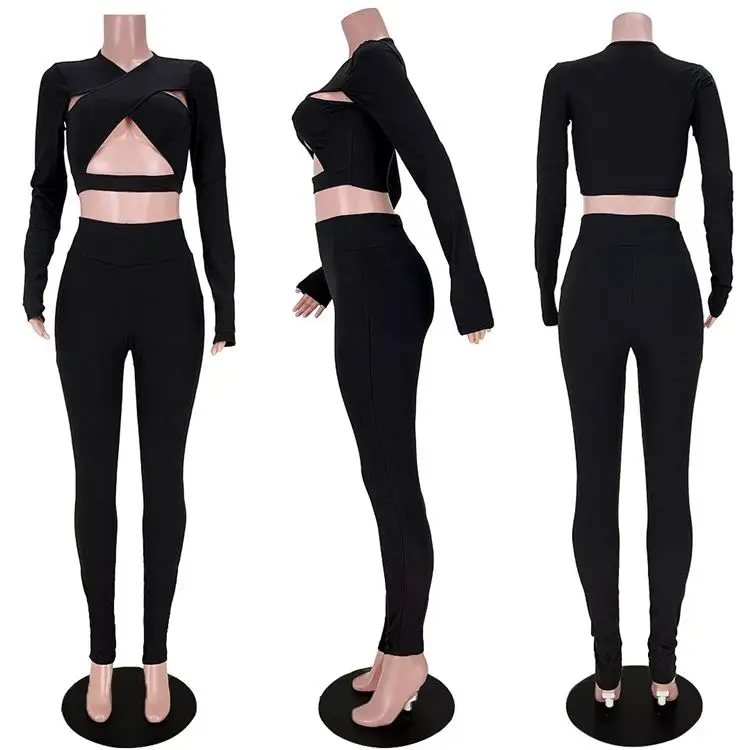 New Trendy women 2 piece outfits Hollow Out Wrap Top Long Sleeve 2 Piece Set Women Long Skin Pants Custom women 2 piece fall set