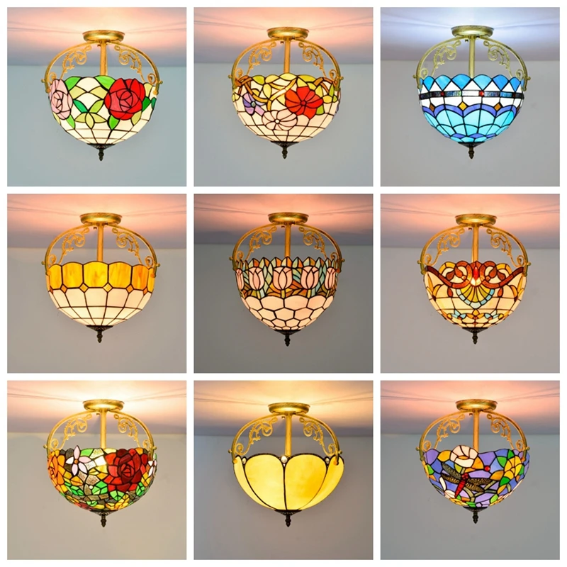 12 дюймов Латунь и стекло потолочный светильник очки Tiffanyceilinglamp витражный стиль Tifany лампы купол Тиффани