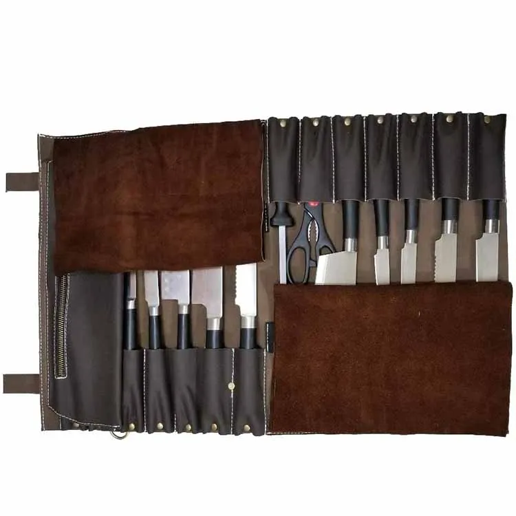 Genuine Leather Knife Roll  Storage Knife Bag Handles Carry Case Kitchen Travel Bag Knives Holder