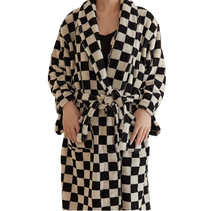Personalized design custom logo plush robes night dressing gown checked print bathrobe with hood