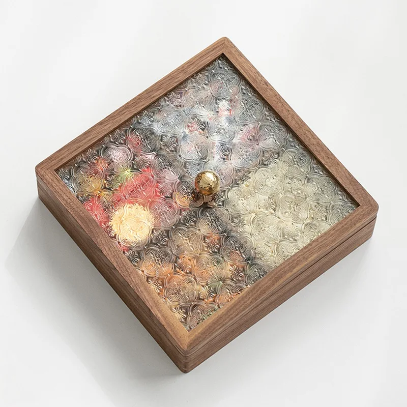 Solid wood dry fruit box wholesale square fruit plate with cover living room new year candy nut box glass storage box