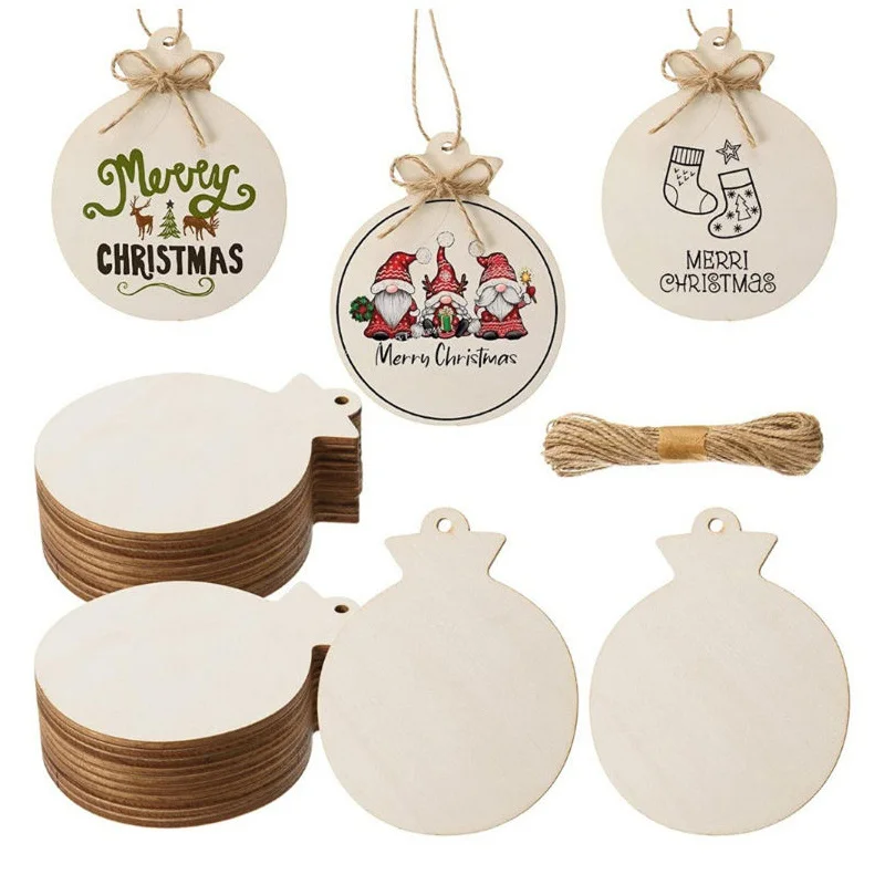 DIY Unfinished Christmas Wooden Craft Hanging Ornaments Wooden Round Baubles Tags Wood Christmas Balls for Decoration