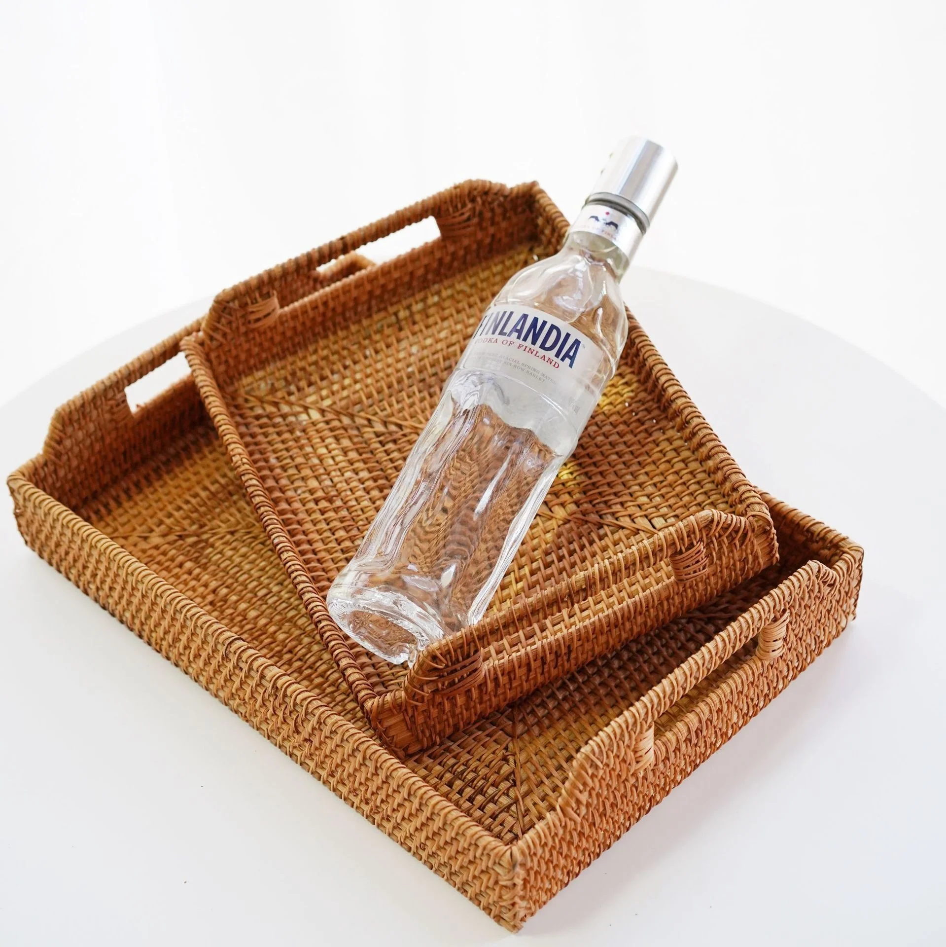 Handwoven Tea Organizer Rectangular Serving Scalloped Basket Rattan Kitchen Tray