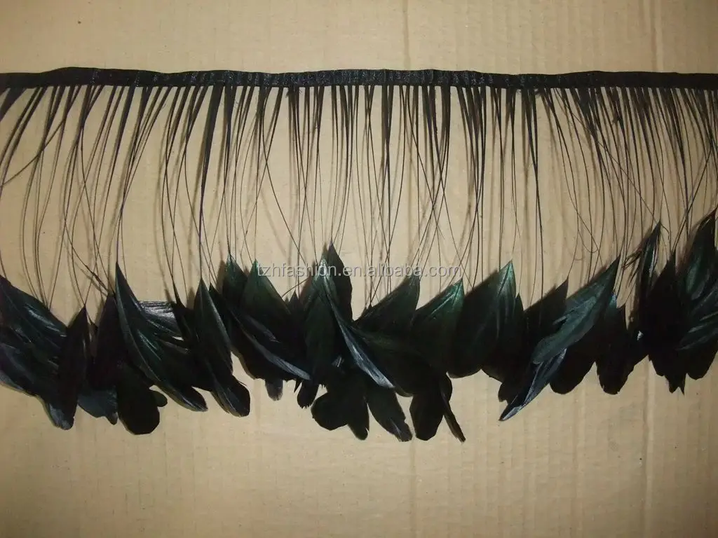 Wholesale Black Stripped Rooster Tail Feather Trims Fringe for Dress Lace Trimming