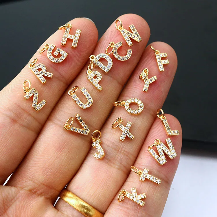 CZ7986 Tiny Dainty Mini 18k Gold CZ Initial Charms,Clear CZ Pave Gold Uppercase Initial Charms 26 Letter Alphabet Pendant Charms