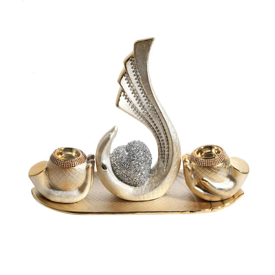 Luxury Home office Table Decoration Craft Silver and Gold Artificial Ceramic Apple Craft Tea Light Candle Decor with Tray