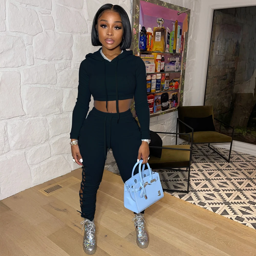  2021 winter fall two piece hooded long sleeve crop top sweater set hollow out eyelet bandage sexy women autumn outfits