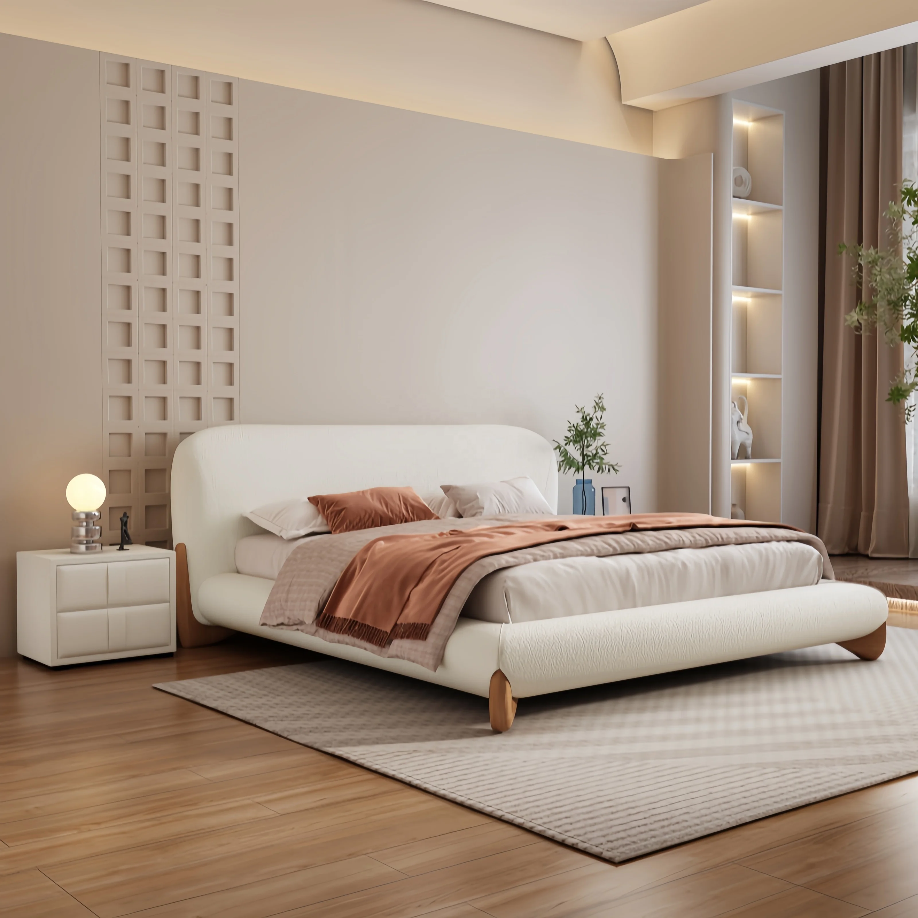 New high quality simple design white velvet double bed upholstered platform bed for hotel and apartment bedrooms