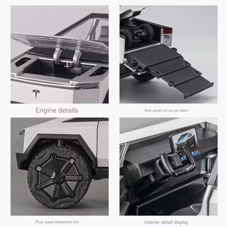 1/24 diecast Tesla Cybertruck pickup alloy car model pullback with ATV decorate metal model