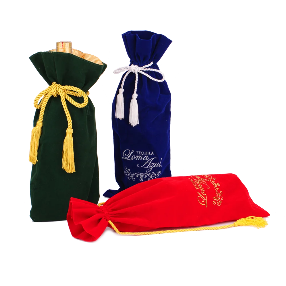 Luxury wine bottle wine velvet drawstring bag with tassel gifts packaging