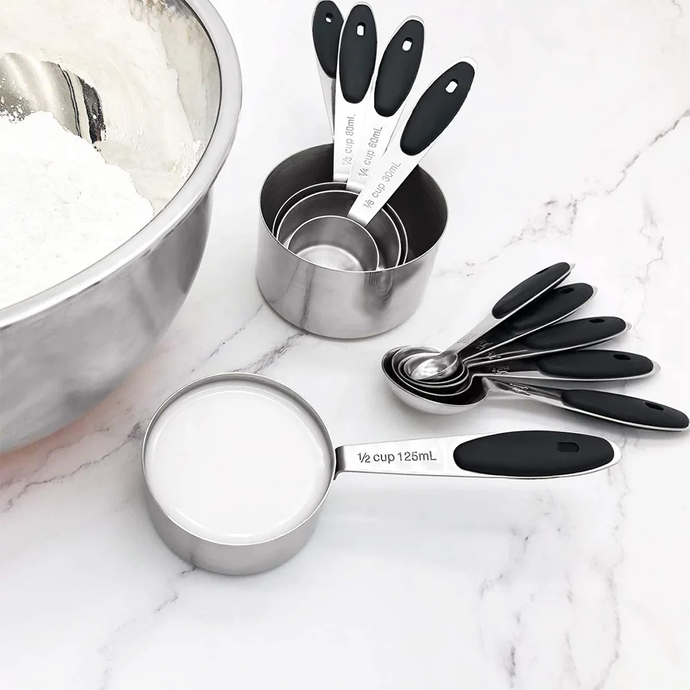 Custom stainless steel metal Kitchen cooking Measuring Cups and Spoons Set silicone handle . spoon cup of 6 30ml 250ml 5ml 2.5ml
