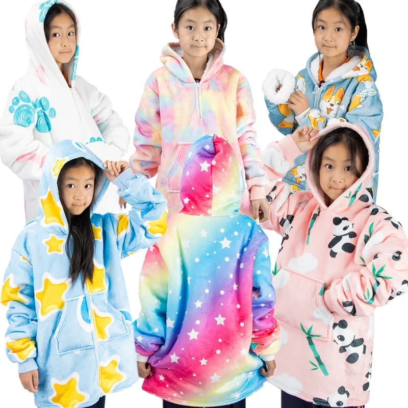 Custom Child Flannel Fleece Sherpa Fluffy Sweatshirt Oversized  Wearable Jumper Kid Blanket Hoodie