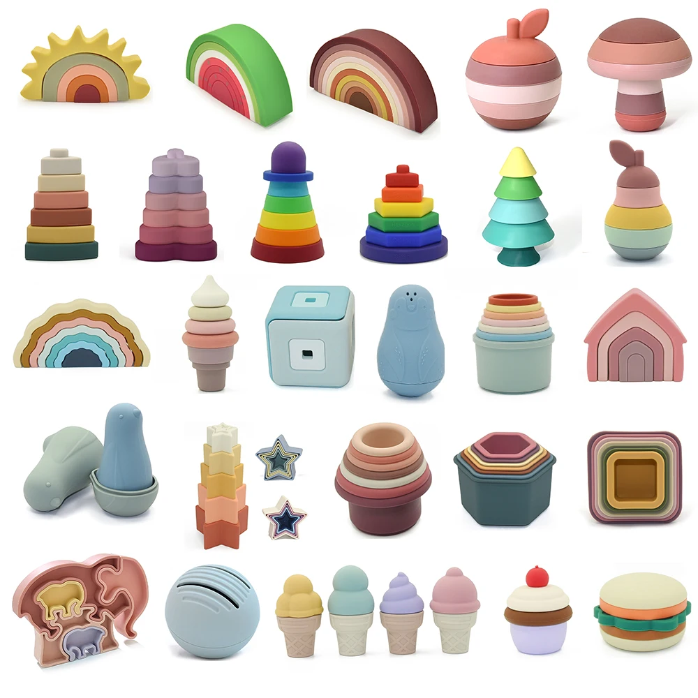 100% Organic Silicone Baby Soft Toys Sensory Silicone Educational Toys Round Shape Cup Teether Stacking Montessori Stackers Toy