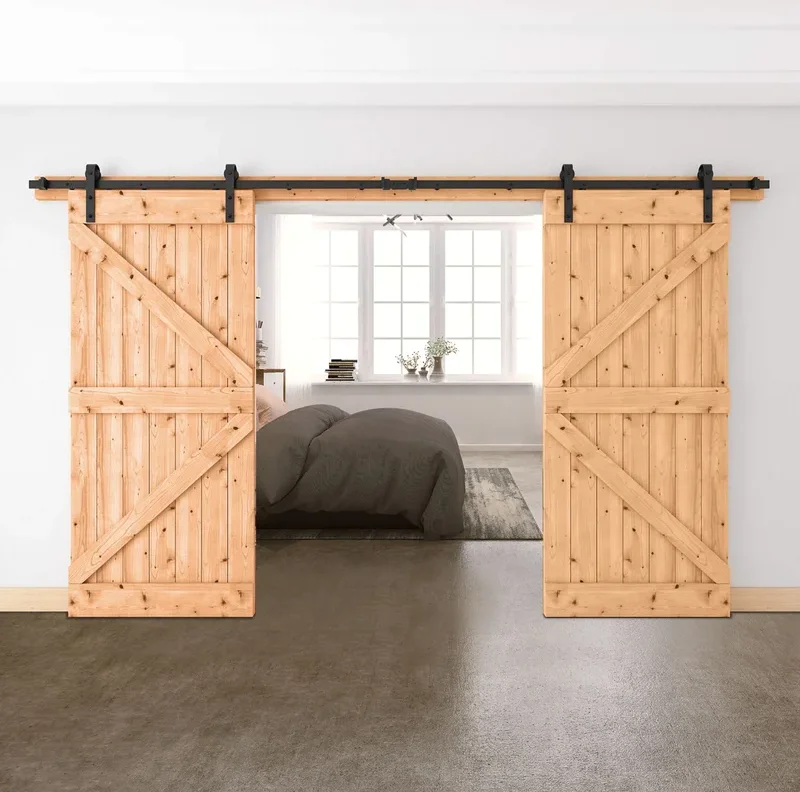 JSD-8FT  black   Barn Door Hardware Flat Track Sliding Door System For  American Country Style Double Door Hardware