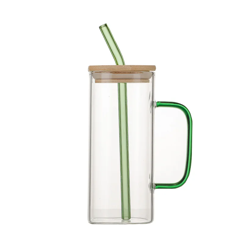Drinking Glasses with Bamboo Lids and Glass Straw square Shape Cup Mug Lid