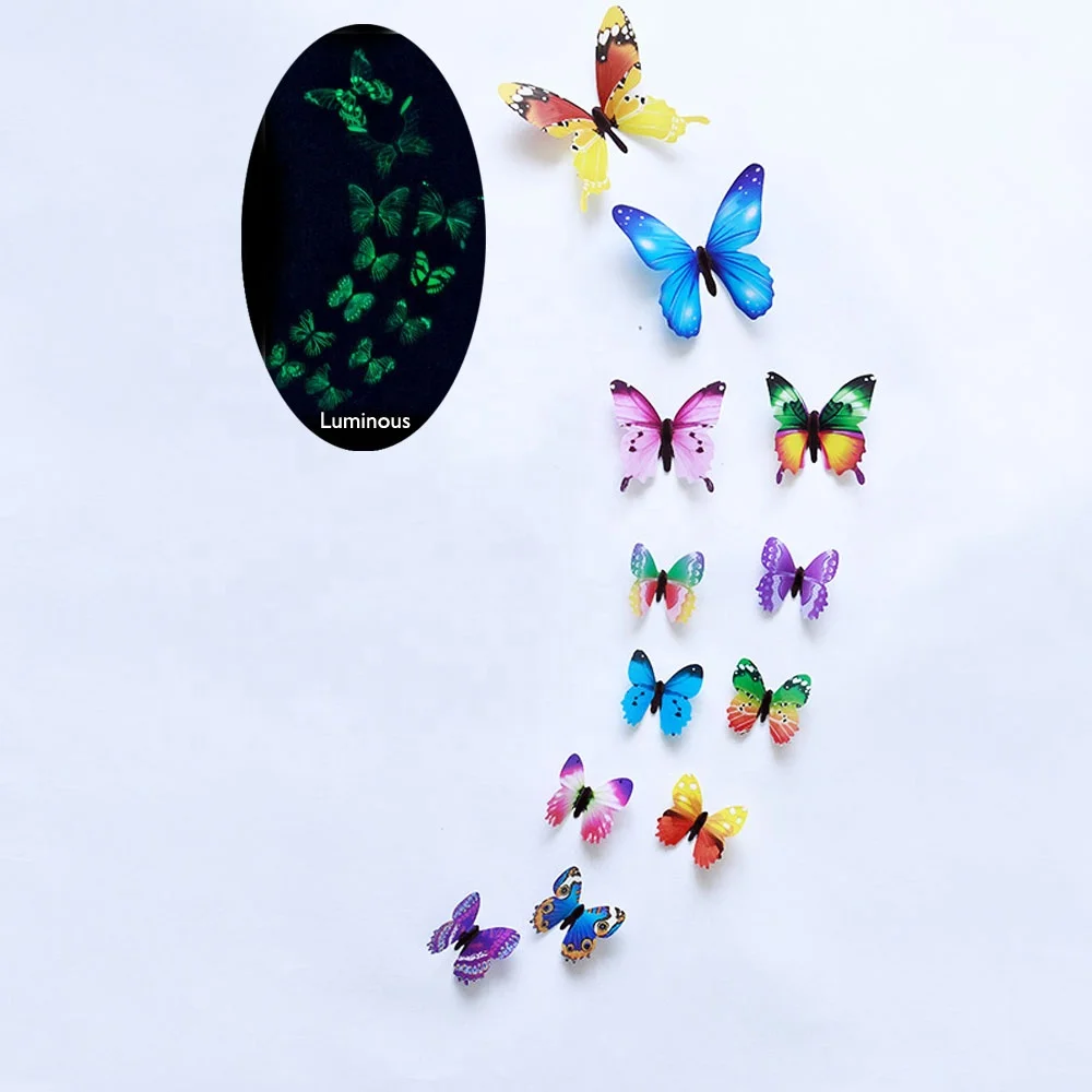 12 Pcs/Pack Luminous PVC 3D Butterfly Fluorescent Decoration Wall Sticker Stickers