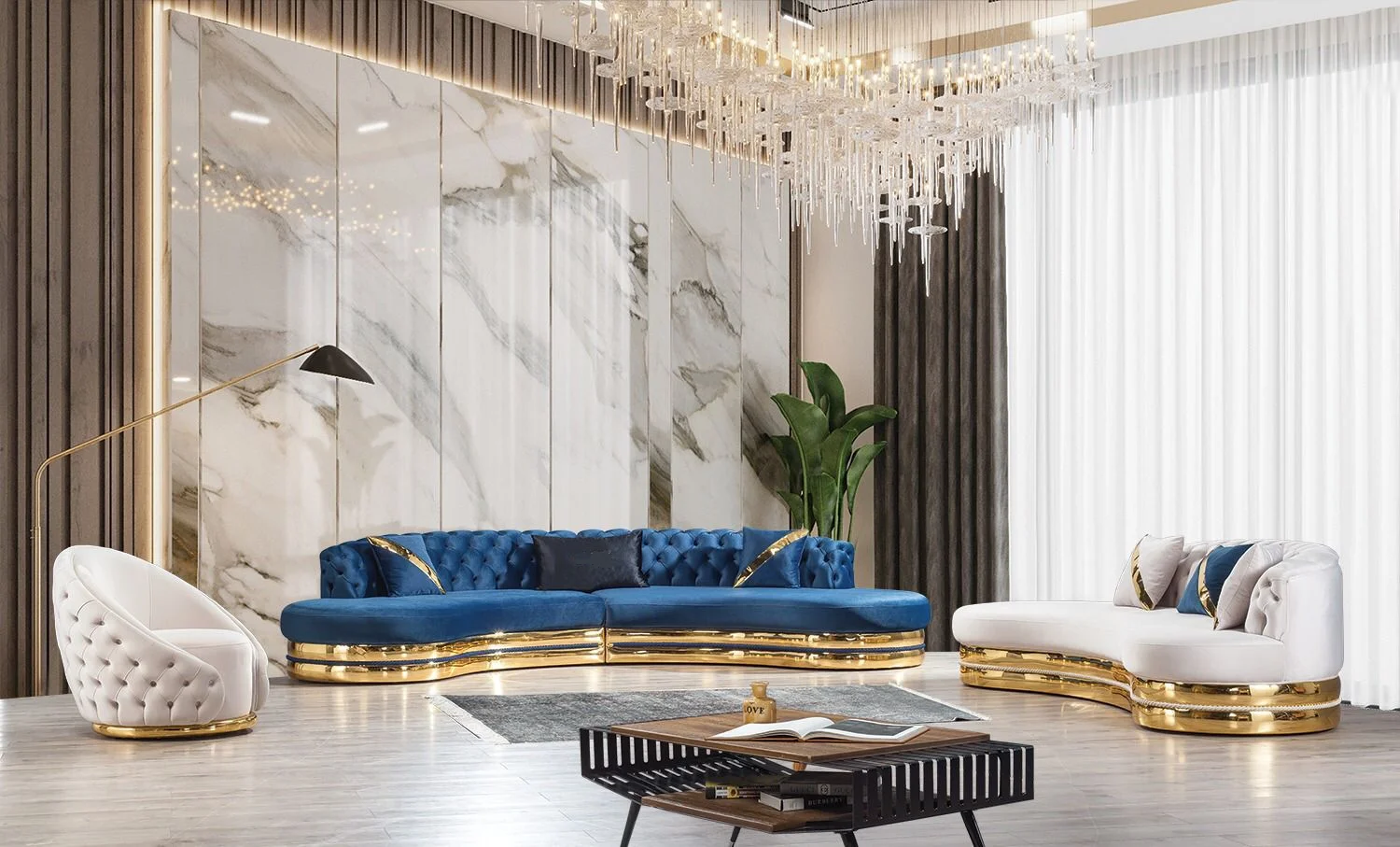 Newest Luxury Golden Stylish Base Decor Lobby Sofa Set Stainless Steel Lounge Chair Velvet Couch For Hotel Home